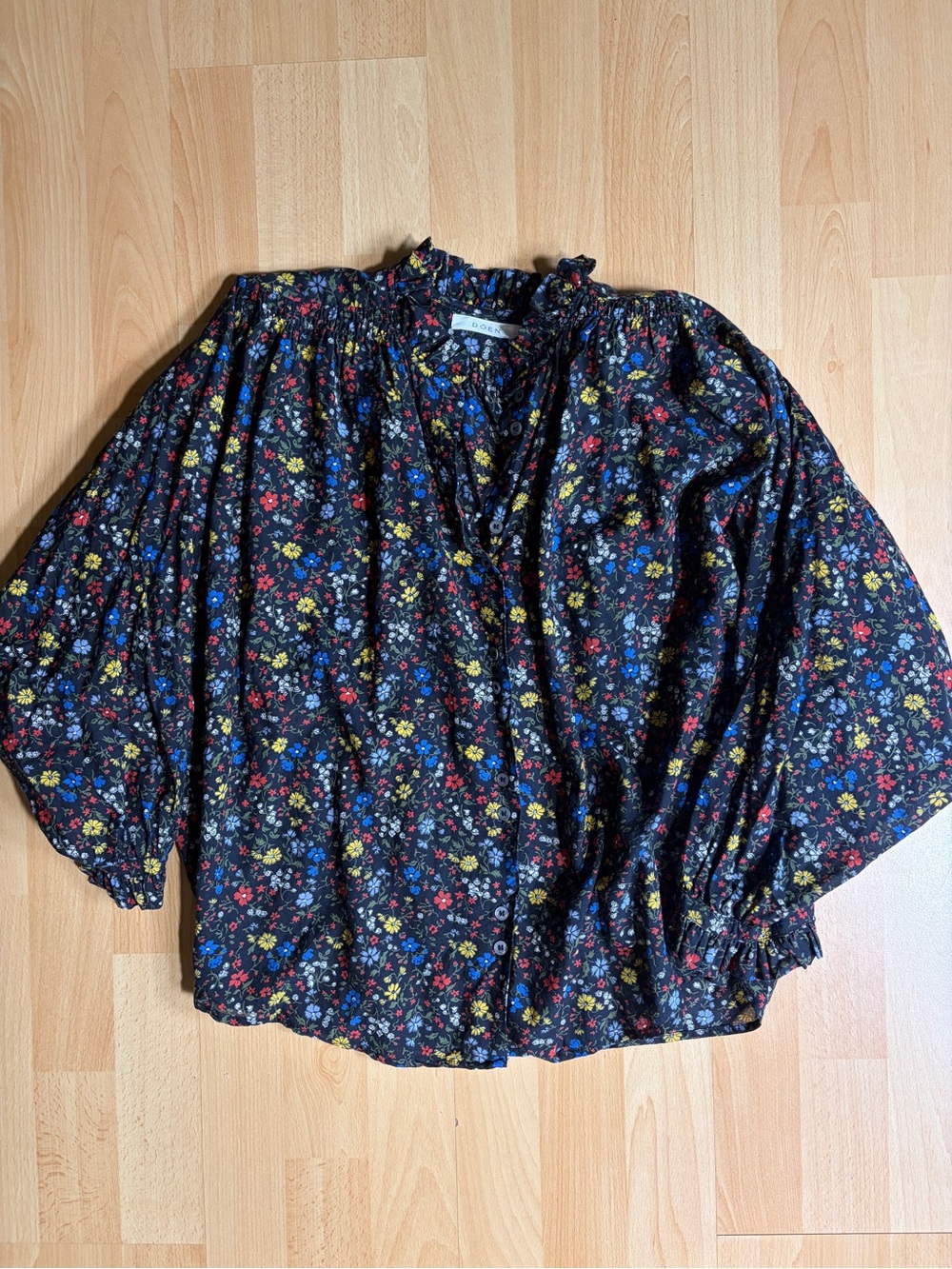 Doen O’Keefe Blouse Black and Wildflower Floral Smocked-Yoke Peasant Blouse S - Picture 7 of 15